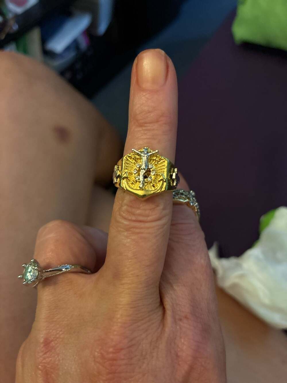 Two-Tone Gold and Silver Crucifix Anchor Mariner Statement Ring